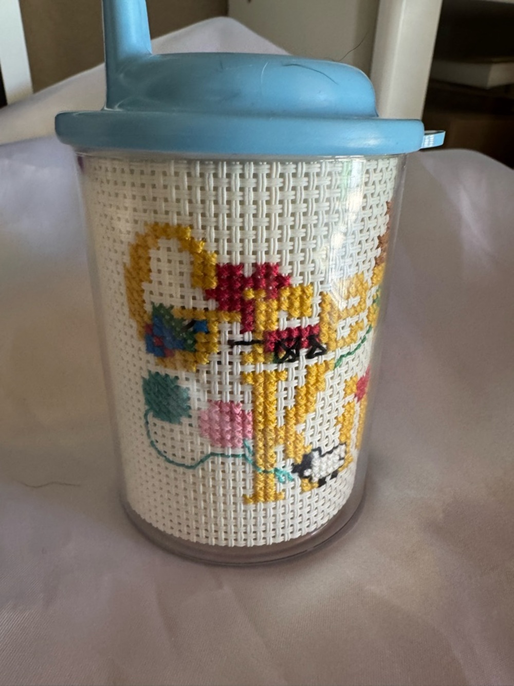Handmade Cross Stitch Needlepoint Cup with Lid